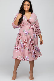 Light Pink Floral Wrap Front Waist Tie Plus Midi Dress