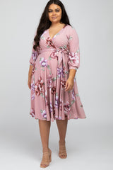 Light Pink Floral Wrap Front Waist Tie Plus Midi Dress