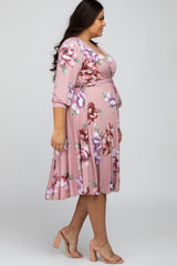 Light Pink Floral Wrap Front Waist Tie Plus Midi Dress