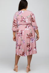 Light Pink Floral Wrap Front Waist Tie Plus Midi Dress