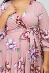 Light Pink Floral Wrap Front Waist Tie Plus Midi Dress