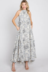 Navy Floral Paisley Print Tiered Maxi Dress