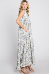 Navy Floral Paisley Print Tiered Maxi Dress