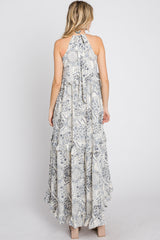 Navy Floral Paisley Print Tiered Maxi Dress