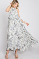 Navy Floral Paisley Print Tiered Maxi Dress