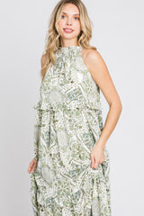 Green Floral Paisley Print Tiered Maxi Dress