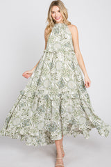 Green Floral Paisley Print Tiered Maxi Dress