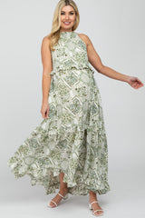 Green Floral Paisley Print Tiered Maternity Maxi Dress