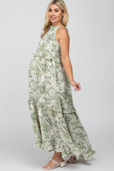 Green Floral Paisley Print Tiered Maternity Maxi Dress