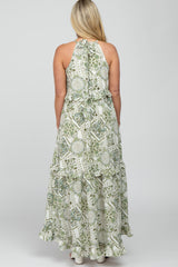 Green Floral Paisley Print Tiered Maternity Maxi Dress