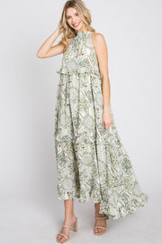 Green Floral Paisley Print Tiered Maxi Dress