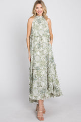 Green Floral Paisley Print Tiered Maxi Dress