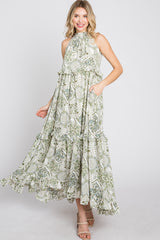 Green Floral Paisley Print Tiered Maxi Dress