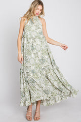 Green Floral Paisley Print Tiered Maxi Dress