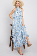 Blue Floral Paisley Print Tiered Maxi Dress