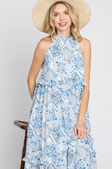 Blue Floral Paisley Print Tiered Maxi Dress