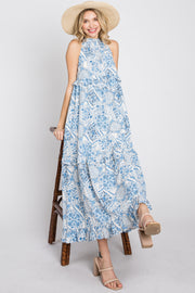 Blue Floral Paisley Print Tiered Maxi Dress