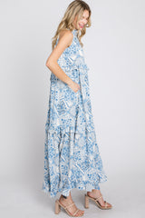 Blue Floral Paisley Print Tiered Maxi Dress