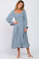 Light Blue Smocked Square Neck Midi Dress