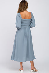 Light Blue Smocked Square Neck Midi Dress