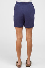 Navy Blue Linen Fringe Hem Drawstring Maternity Shorts