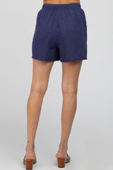 Navy Blue Linen Fringe Hem Drawstring Shorts