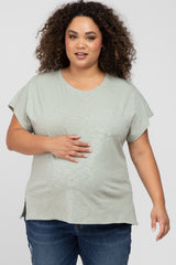 Light Green Heathered Front Pocket Maternity Plus Top