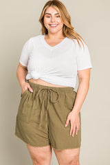 Olive Linen Fringe Hem Drawstring Plus Shorts