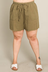 Olive Linen Fringe Hem Drawstring Plus Shorts