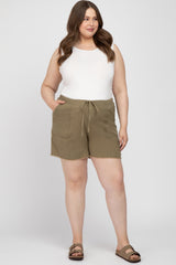 Olive Linen Fringe Hem Drawstring Maternity Plus Shorts