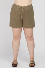 Olive Linen Fringe Hem Drawstring Maternity Plus Shorts