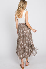 Mocha Floral Round Hem Midi Skirt