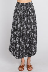 Black Floral Round Hem Midi Skirt