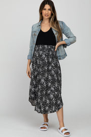 Black Floral Round Hem Maternity Midi Skirt