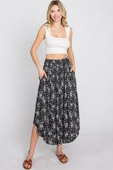 Black Floral Round Hem Midi Skirt