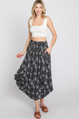 Black Floral Round Hem Midi Skirt