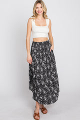 Black Floral Round Hem Midi Skirt