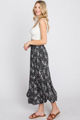 Black Floral Round Hem Midi Skirt