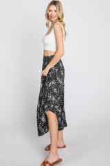 Black Floral Round Hem Midi Skirt