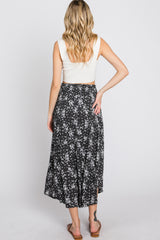 Black Floral Round Hem Midi Skirt