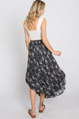 Black Floral Round Hem Midi Skirt