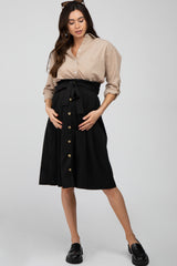 Black Button-Down Waist Tie Maternity Midi Skirt