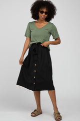 Black Button-Down Waist Tie Maternity Midi Skirt