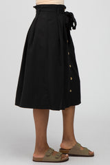 Black Button-Down Waist Tie Midi Skirt