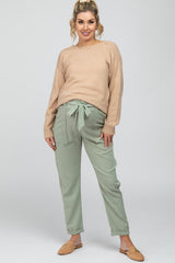 Light Olive Paper Bag Waist Cropped Maternity Pants