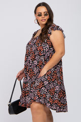 Black Ditsy Floral Flutter Sleeve Plus Dress