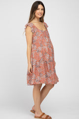 Rust Ditsy Floral Flutter Sleeve Maternity Dress