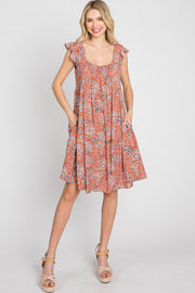 Rust Ditsy Floral Flutter Sleeve Dress