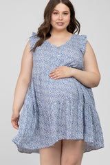 Blue Floral Button Front Tiered Maternity Plus Dress