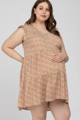 Camel Floral Button Front Tiered Maternity Plus Dress